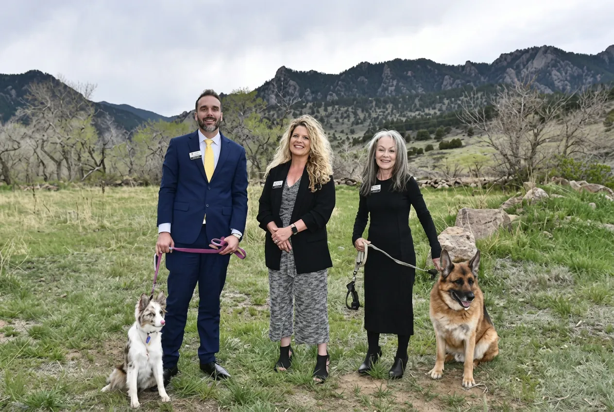 The Above & Beyond team with their dogs in a Colorado field